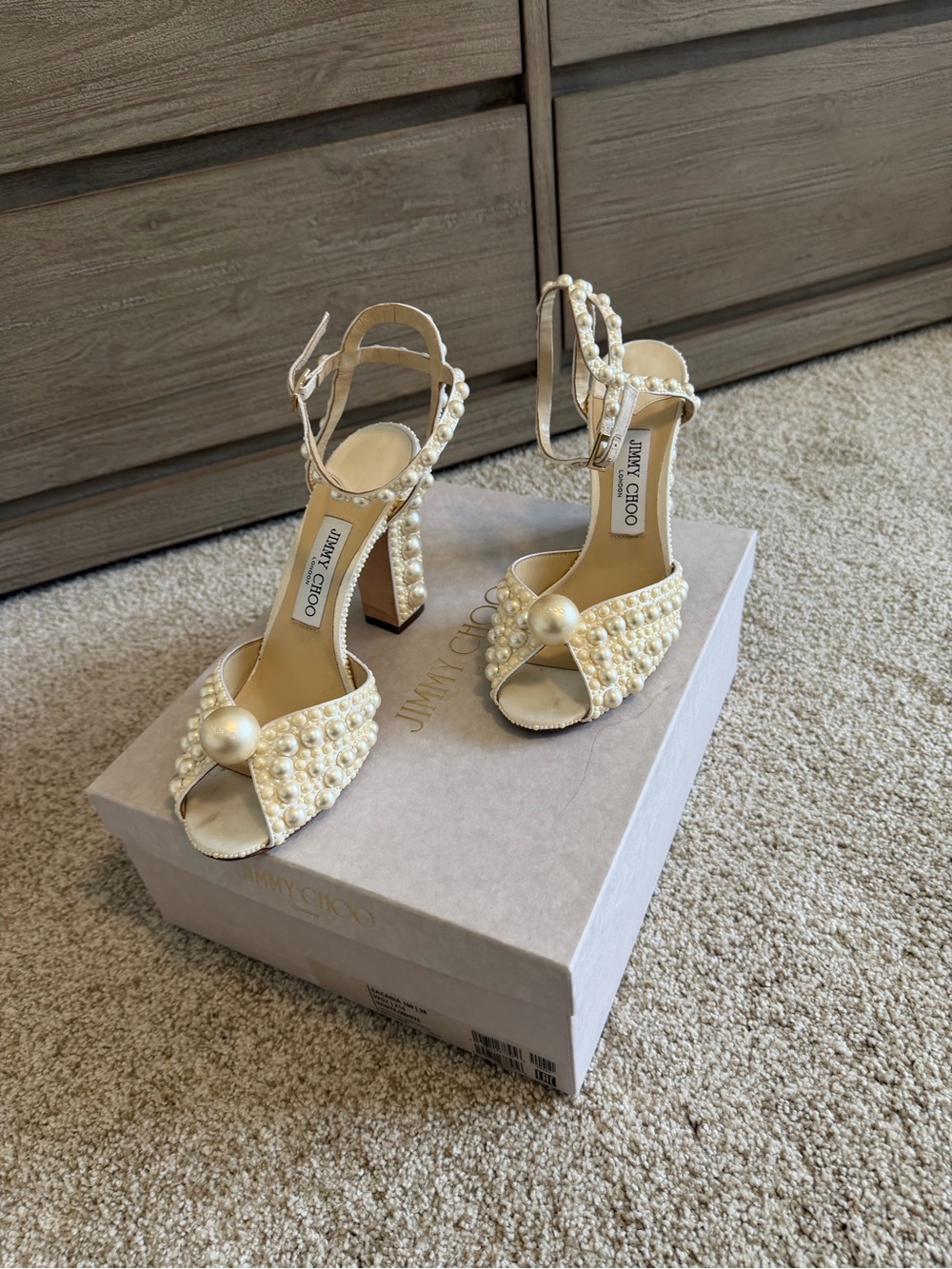 Jimmy Choo Pearl-Embellished Cream Block Heel Sandals - Picture 8 of 13